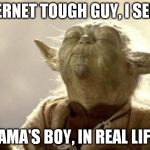 Internet tough guy | INTERNET TOUGH GUY, I SENSE. A MAMA'S BOY, IN REAL LIFE IS. | image tagged in in 2013 yoda be like,internet tough guy,mama's boy | made w/ Imgflip meme maker