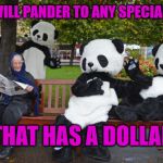 panda bears in edinburgh mocking and clocking | HILLARY WILL PANDER TO ANY SPECIAL INTEREST; THAT HAS A DOLLAR | image tagged in panda bears in edinburgh mocking and clocking | made w/ Imgflip meme maker
