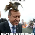 Erdogan | LET'S BIRDS SHIT ON HIS HEAD... WANTS GERMANS IMPRISONED FOR MOCKING HIM... | image tagged in erdogan bird | made w/ Imgflip meme maker