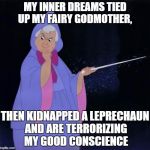 Fairy Godmother | MY INNER DREAMS TIED UP MY FAIRY GODMOTHER, THEN KIDNAPPED A LEPRECHAUN AND ARE TERRORIZING MY GOOD CONSCIENCE | image tagged in fairy godmother,funny,meme | made w/ Imgflip meme maker