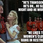 monty python lumberjack | "HE'S TRANSGENDER AND HE'S OK... HE SLEEPS ALL NIGHT AND HE WORKS ALL DAY"; "HE LIKES TO WEAR WOMEN'S CLOTHING AND HANG IN RESTROOM STALLS" | image tagged in monty python lumberjack | made w/ Imgflip meme maker