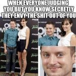 Elijah Wood and Sasha Gray | WHEN EVERYONE JUDGING YOU BUT YOU KNOW SECRETLY THEY ENVY THE SHIT OUT OF YOU | image tagged in elijah wood and sasha gray | made w/ Imgflip meme maker