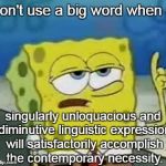 I'll Have You Know Spongebob | Don't use a big word when a; singularly unloquacious and diminutive linguistic expression will satisfactorily accomplish the contemporary necessity. | image tagged in memes,ill have you know spongebob | made w/ Imgflip meme maker