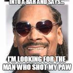 Okay - I can jump on a bandwagon same as the next guy... | A THREE-LEGGED DOG WALKS INTO A BAR AND SAYS... I'M LOOKING FOR THE MAN WHO SHOT MY PAW | image tagged in bad pun dogg | made w/ Imgflip meme maker