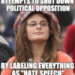 College Liberal Small | ATTEMPTS TO SHUT DOWN POLITICAL OPPOSITION; BY LABELING EVERYTHING AS "HATE SPEECH" | image tagged in college liberal small | made w/ Imgflip meme maker