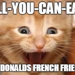 Excited Kitten | ALL-YOU-CAN-EAT; MCDONALDS FRENCH FRIES!? | image tagged in excited kitten | made w/ Imgflip meme maker