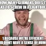 Yay Stereotypes :D | HOW MANY GERMANS DOES IT TAKE TO SCREW IN A LIGHTBULB? 1 BECAUSE WE'RE EFFICIENT AND DONT HAVE A SENSE OF HUMOR | image tagged in german,memes | made w/ Imgflip meme maker