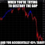 The Trump Gamble | WHEN YOU'RE TRYING TO DESTROY THE GOP; AND YOU ACCIDENTALLY 45% TARIFF | image tagged in stock crash,memes,funny,political | made w/ Imgflip meme maker