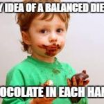 Chocolate Kid | MY IDEA OF A BALANCED DIET... CHOCOLATE IN EACH HAND! | image tagged in chocolate kid | made w/ Imgflip meme maker