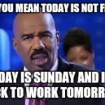 Steve Harvey | WHAT YOU MEAN TODAY IS NOT FRIDAY? TODAY IS SUNDAY AND IT'S BACK TO WORK TOMORROW. | image tagged in steve harvey | made w/ Imgflip meme maker