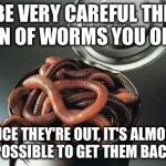 Can of Worms | BE VERY CAREFUL THE CAN OF WORMS YOU OPEN; ONCE THEY'RE OUT, IT'S ALMOST IMPOSSIBLE TO GET THEM BACK IN | image tagged in can of worms | made w/ Imgflip meme maker