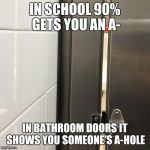 Mind The Gap | IN SCHOOL 90% GETS YOU AN A-; IN BATHROOM DOORS IT SHOWS YOU SOMEONE'S A-HOLE | image tagged in bathroom stall gap,funny,funny memes,chuck norris,memes,chuck norris approves | made w/ Imgflip meme maker