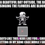 sans | IT'S A BEAUTIFUL DAY OUTSIDE. THE BIRDS ARE SINGING THE FLOWERS ARE BLOOMING. ON DAYS LIKE THIS, KIDS LIKE YOU... SHOULD BE SITTING IN MY BONE CAGE WHILE I SHRUG. | image tagged in sans | made w/ Imgflip meme maker