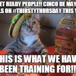 tequila cat | GET READY PEOPLE!! CINCO DE MAYO FALLS ON #THIRSTYTHURSDAY THIS YEAR; THIS IS WHAT WE HAVE BEEN TRAINING FOR!!! | image tagged in tequila cat | made w/ Imgflip meme maker