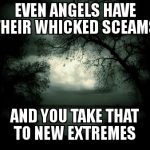 darkness | EVEN ANGELS HAVE THEIR WHICKED SCEAMS; AND YOU TAKE THAT TO NEW EXTREMES | image tagged in darkness | made w/ Imgflip meme maker