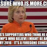 Hilary not sure if she wiped | I'M NOT SURE WHO IS MORE CLUELESS; SANDERS'S SUPPORTERS WHO THINK HE CAN WIN   OR TRUMP'S WHO BELIEVE I MIGHT BE ARRESTED!  ~HILLARY 2016 - IT'S A FOREGONE CONCLUSION~ | image tagged in hilary not sure if she wiped | made w/ Imgflip meme maker