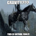 Gravity??? | GRAVITY??? THIS IS SKYRIM, FOOL!!! | image tagged in skyrim horse,skyrim | made w/ Imgflip meme maker