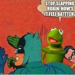 Kermit saves Robin | STOP SLAPPING ROBIN, HOW'S IT FEEL BATITCH? | image tagged in kermit saves robin | made w/ Imgflip meme maker