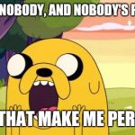 Quotes from my best friend that smokes weed. | IF I'M A NOBODY, AND NOBODY'S PERFECT; DOES THAT MAKE ME PERFECT? | image tagged in adventure time jake | made w/ Imgflip meme maker