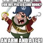 pirate | WHAT DID THE PIRATE PAY FOR HIS PEG LEG AND HOOK? AN ARM AND A LEG! | image tagged in pirate | made w/ Imgflip meme maker