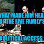 Godfather meeting  | WHAT MADE HIM HEAD OF THE FIVE FAMILY'S; POLITICAL ACCESS | image tagged in godfather meeting | made w/ Imgflip meme maker