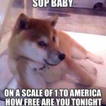 Flirting Doge | SUP BABY; ON A SCALE OF 1 TO AMERICA HOW FREE ARE YOU TONIGHT | image tagged in flirting doge | made w/ Imgflip meme maker