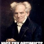 Arthur Schopenhauer | NICE TRY OPTIMISTS | image tagged in arthur schopenhauer | made w/ Imgflip meme maker