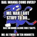 Sanic | BAE: WANNA COME OVER? ME: NAH I GOT STUFF TO DO... BAE: IM HOME ALONE FOR 2 DAYS; ME: BE THERE IN TEN MINUETS | image tagged in sanic | made w/ Imgflip meme maker