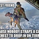 War dog | MAN'S BEST FRIEND; BECAUSE NOBODY STRAPS A CAT TO THEIR CHEST TO DROP IN ON TERRORISTS | image tagged in war dog,memes | made w/ Imgflip meme maker