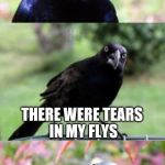 Bad Pun Crow Crying | AFTER I SAW MY MEME ON THE FIRST PAGE; THERE WERE TEARS IN MY FLYS | image tagged in bad pun crow crying | made w/ Imgflip meme maker