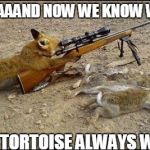 Fox with rifle | AAAAAAND NOW WE KNOW WHY; THE TORTOISE ALWAYS WINS | image tagged in fox with rifle | made w/ Imgflip meme maker
