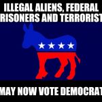 Democrat Meme | ILLEGAL ALIENS, FEDERAL PRISONERS AND TERRORIST... MAY NOW VOTE DEMOCRAT | image tagged in democrat meme | made w/ Imgflip meme maker