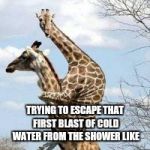 scared giraffe | TRYING TO ESCAPE THAT FIRST BLAST OF COLD WATER FROM THE SHOWER LIKE | image tagged in scared giraffe | made w/ Imgflip meme maker