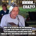 It's a conspiracy | HMMM... CRAZY? WHAT IF THE ATTACK ON THE 2ND AMENDMENT IS A WAY TO GET PEOPLE TO ARM UP, SO THE ELITE COCKROACHES CAN HIDE UNDER ROCKS WHEN THE SHTF, THEN EMERGE AND CREATE THEIR NWO | image tagged in it's a conspiracy | made w/ Imgflip meme maker