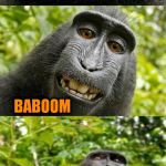 Nope not tired of making these yet | WHAT DO YOU CALL A MONKEY IN A MINEFIELD; BABOOM | image tagged in bad pun monkey | made w/ Imgflip meme maker