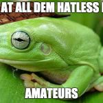 frogs | LOOK AT ALL DEM HATLESS FROGS; AMATEURS | image tagged in frogs,scumbag | made w/ Imgflip meme maker