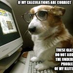 I'm no Einstein but | IF MY CALCULATIONS ARE CORRECT THESE GLASSES DO NOT ADDRESS THE UNDERLYING PROBLEM OF MY ILLITERACY | image tagged in smart dog,dog training,dog computer | made w/ Imgflip meme maker