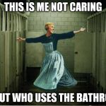 Bathroom politics | THIS IS ME NOT CARING; ABOUT WHO USES THE BATHROOM | image tagged in sound of music bathroom,this is me not caring,transgender bathroom | made w/ Imgflip meme maker
