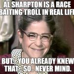Emily Litella | AL SHARPTON IS A RACE BAITING TROLL IN REAL LIFE; BUT... YOU ALREADY KNEW THAT... SO.. NEVER MIND. | image tagged in emily litella | made w/ Imgflip meme maker