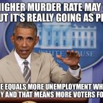 President Obama is not disappointed in his former chief of staff, now Mayor of Chicago | THE HIGHER MURDER RATE MAY SEEM BAD BUT IT'S REALLY GOING AS PLANNED; MORE CRIME EQUALS MORE UNEMPLOYMENT WHICH EQUALS MORE POVERTY AND THAT MEANS MORE VOTERS FOR DEMOCRATS | image tagged in too much bs,chicago,barack obama,memes | made w/ Imgflip meme maker