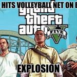 Gta V cover | PLANE HITS VOLLEYBALL NET ON BEACH; EXPLOSION | image tagged in gta v cover | made w/ Imgflip meme maker