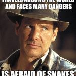 Indiana jones | TRAVELS AROUND THE WORLD AND FACES MANY DANGERS; IS AFRAID OF SNAKES | image tagged in indiana jones | made w/ Imgflip meme maker