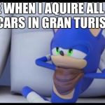 Sonic Doesn't Care | ME WHEN I AQUIRE ALL OF THE CARS IN GRAN TURISMO 3 | image tagged in sonic doesn't care | made w/ Imgflip meme maker