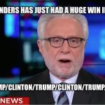 CNN Brainwashing for Clinton | "BERNIE SANDERS HAS JUST HAD A HUGE WIN IN INDIANA."; "BUT.....TRUMP/CLINTON/TRUMP/CLINTON/TRUMP/CLINTON...." | image tagged in wolf blitzer,bernie sanders,bernie,hillary clinton,clinton,cnn | made w/ Imgflip meme maker