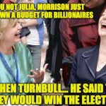 I shit you not Julia | I SHIT YOU NOT JULIA, MORRISON JUST HANDED DOWN A BUDGET FOR BILLIONAIRES; AND THEN TURNBULL... HE SAID THAT... "THEY WOULD WIN THE ELECTION" | image tagged in i shit you not julia | made w/ Imgflip meme maker