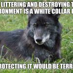 Liter and the law | SO LITTERING AND DESTROYING THE ENVIRONMENT IS A WHITE COLLAR CRIME; BUT PROTECTING IT WOULD BE TERRORISM | image tagged in disdain,wolf,environmental,crime,disgusted,rage | made w/ Imgflip meme maker