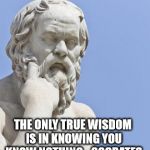 socrates | THE ONLY TRUE WISDOM IS IN KNOWING YOU KNOW NOTHING.- SOCRATES | image tagged in socrates | made w/ Imgflip meme maker