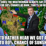 Weatherman | WHY DOES THE WEATHERMAN ALWAYS SAY THERE IS A 20 OR 30% CHANCE OF RAIN...THAT'S SO NEGATIVE I'D RATHER HEAR WE GOT A 70 TO 80% CHANCE OF SUN | image tagged in weatherman | made w/ Imgflip meme maker