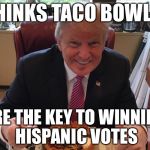 Never Trump | THINKS TACO BOWLS; ARE THE KEY TO WINNING HISPANIC VOTES | image tagged in trump taco bowl,donald trump | made w/ Imgflip meme maker