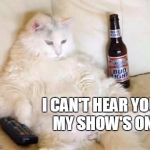Shhh!  Phil's about to lay down the healin'! | I CAN'T HEAR YOU.  MY SHOW'S ON. | image tagged in fat cat bud light,daytime tv,no to exercise,watching tv | made w/ Imgflip meme maker